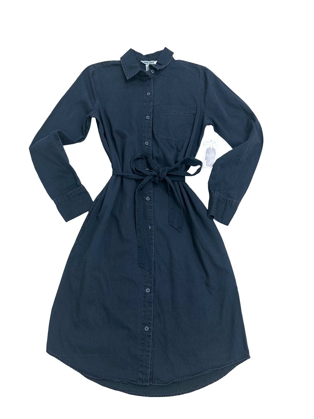 Nine West Navy Long-Sleeve Shirt Dress with Self-Tie Waist